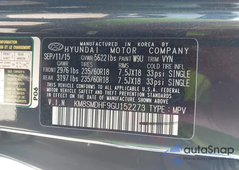 2016 Hyundai Santa Fe Se z USA, uszkodzony, nr VIN KM8SMDHF9GU152273